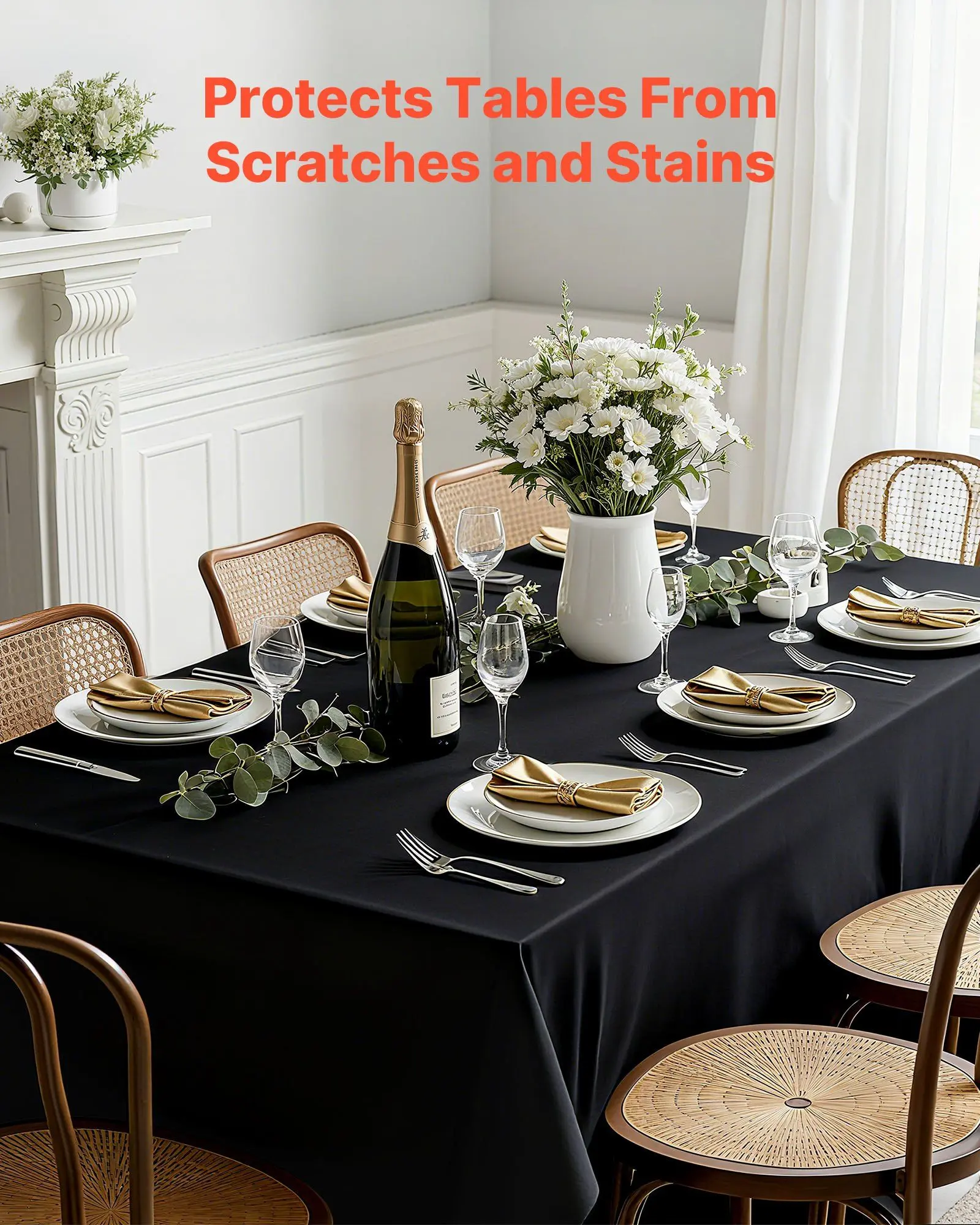 6-Pack Black Rectangle Polyester Tablecloths - 70x120 In Reusable, Wrinkle-Resistant, Machine-Washable Outdoor Table Covers for Christmas, Birthday, Desk, All-Season Events