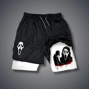 Men's Ghost Face "Halloween" Graphic Print Double-Layered Polyester Fabric Gym Shorts, Drawstring Active Athletic Shorts for Intense Activity