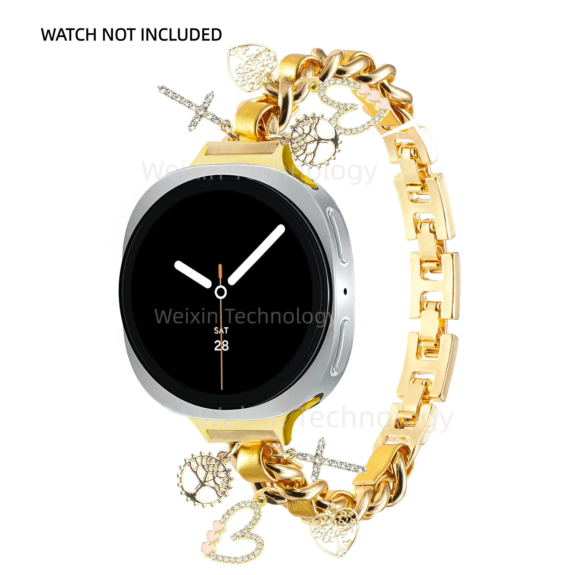 Metal strap for women compatible with Samsung Galaxy Watch 8 40mm/44mm, Galaxy Watch 8 Classic 46mm, Cuban chain strap with pendant bracelet, slim strap with heart-shaped pendant, Smartwatch Replacement Straps