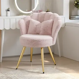Velvet Vanity Chair with Gold Legs & Pillow –Modern Pink Dining Chair,Small Accent Chair with Adustable Gold Legs&Bow Pillow for Home Office,Bedroom