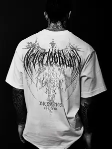 Unisex "BREATHE" Extreme Metal Oversized T-Shirt – White & Black Print, Death Metal Streetwear Aesthetic, Heavyweight Cotton Fabric, Relaxed Drop-Shoulder Fit, Perfect for Alternative Style Fans, Durable High-Quality Print