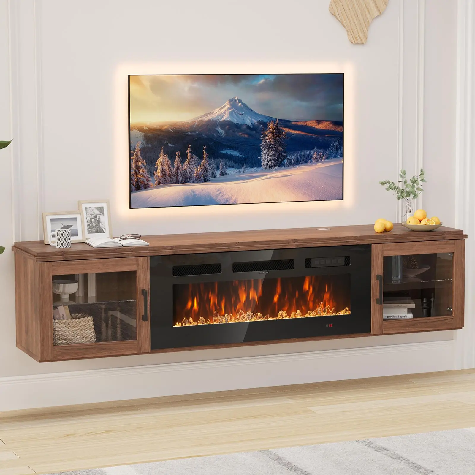 Aoxun Floating TV Stand with 36" Electric Fireplace High Gloss Finish Wall Mounted Entertainment Center for TVs Up to 80" Black TV Stand and Fireplace