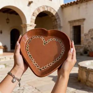 Handmade Barro Heart-Shaped Plate - 100% Authentic Mexican Artisan Crafted with Unique Dotted Design Food-Safe Lead-Free Natural Rustic Finish for Snacks Fruit Pan Dulce or Decorative Use