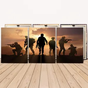 Wooden Framed Canvas Painting Set, 3 Counts/set Soldier Silhouette At Dusk Pattern Wall Art Decor, Wall Decor for Home Living Room Bedroom Office