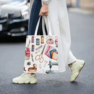 Fashion Sewing Tools Printed Canvas Tote Bag Large Capacity Shoulder Bag Women's Literary Retro Handbag Student School Bag Shopping Bag Creative Gift for Sewing Lovers and Craft Enthusiasts