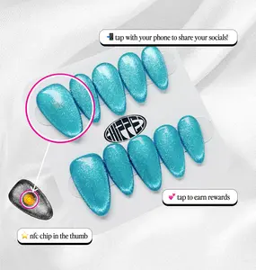 Mermaid's Purse Chipped Social NFC Press on Nails Microchip Manicure - aqua turquoise blue almost cat eye acrylic nail - for social sharing - nfc chip pre installed free app included