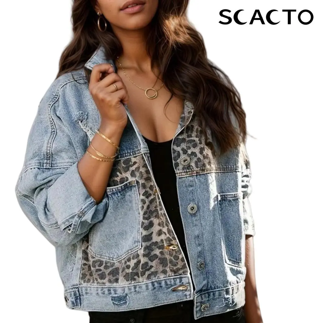Scacto 2026 Summer Women's Clothing Collared Denim Jacket -  Long Sleeves, Fitted, Leopard Patch, Button Closure, Short Streetwear Top, Cool Casual Outdoor Daily Outerwear, Women's Streetwear Style All Season