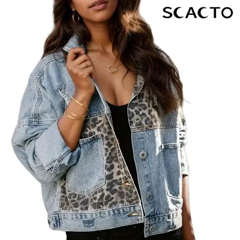 Scacto Women's Denim Jacket with Leopard Patch, Long Sleeve Coats for an Elevated Casual, Cool Girl Style,back to school,back to school shopping, Outerwear Womenswear Collared