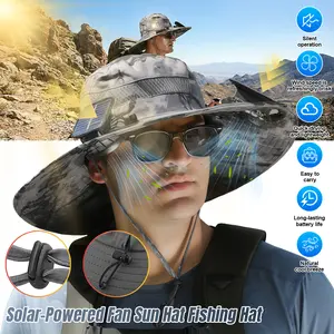【FathersDayGift】Solar Powered Cooling Fan Hat with 2 High-Speed Fans, Rechargeable USB Wide Brim Sun Hat for Fishing Hiking Camping Outdoor Fan