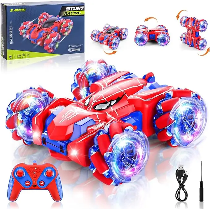 Remote Control Stunt Car for Kids, 4WD Spider RC Car with LED Lights, 360° Rotating Off-Road Toy Gift