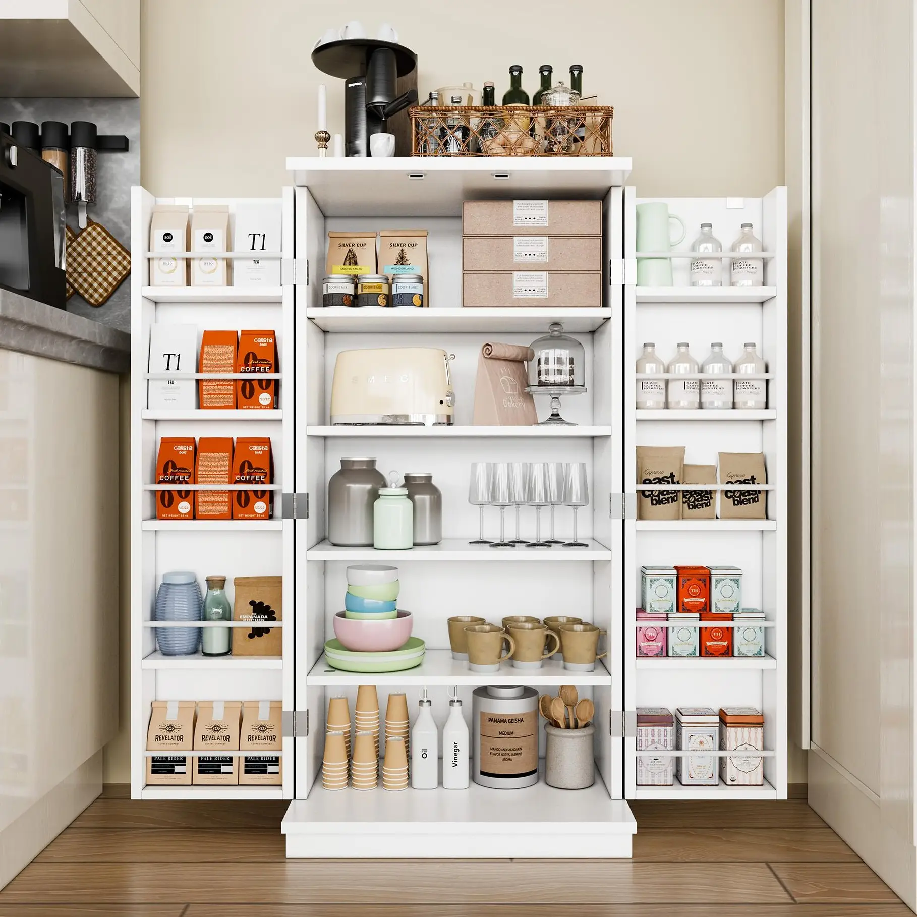 Walsunny 47" Kitchen Storage Cabinet, Pantry Cabinet with Doors and Adjustable Wine Shelves for Living Room and Dinning Room,White, Black