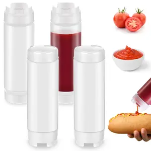 4 Squeeze Bottles Refillable 20 Oz  Inverted Plastic Tip Large Valve Dispenser Condiment Bottle For Sauces Ketchup Sour Cream Self Sealing Syrup Restaurants (white)