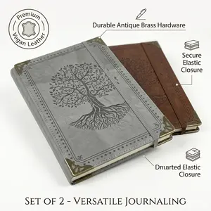 Tree of Life Journal with Antique Brass Hardware - Secure Elastic Closure - Set of 2