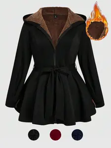 FINJANI Plus Size Cozy Fleece Lined Hooded Jacket with Belted Waist Zip Up Winter Coat for Women in Black Polyester Material Fitted Minimalist Style Casual Long Sleeve Vneck Outerwear - Check