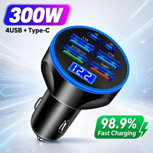 6-Port USB C Car Charger 300W,6 in 1 Multi Device Car Charger Adapter with LED Voltage Display,PD QC3.0 3.1A Fast Charging for iPhone 17/16/15/14,Samsung Galaxy S25/S24,Pixel