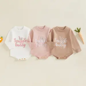 Easter Spring Sweater Romper Long Sleeve Letter Rabbit Embroidery Knitwear Jumpsuits