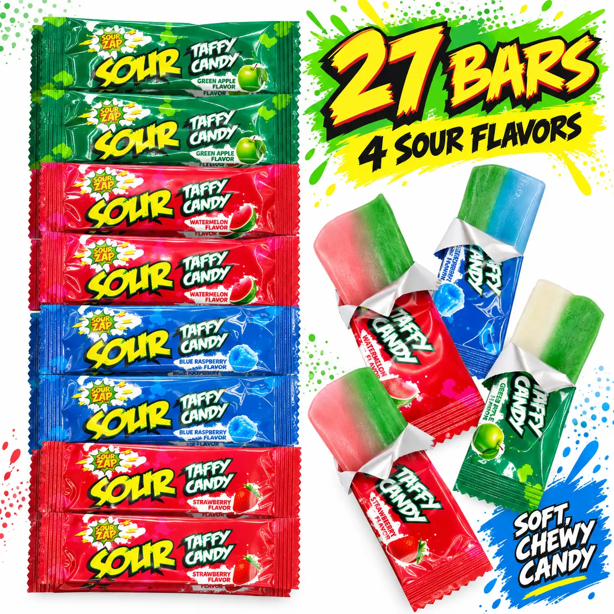 SourZap Sour Fruit Taffy Candy - 27 Individually Wrapped Chewy Bars, 4 Flavors: Green Apple, Strawberry, Watermelon, Blue Raspberry