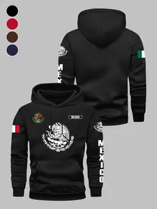 Patriotic Mexico Flag and Coat of Arms Graphic Hoodie | Men's/Women's Thermal Black Pullover Sweatshirt | Authentic Mexican Pride Streetwear for Fans
