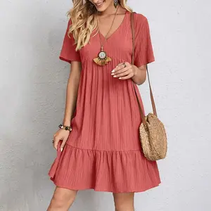 VVZ Women's Casual Loose Short Sleeve Tie Waist Flowy Midi Dress Summer A Line Dress