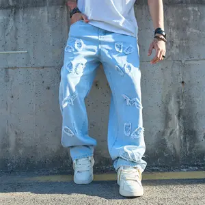 New Men Street Style Stylish Patch Loose Straight Jeans Pants Hip Hop Distressed Male Solid color Motorcycle Denim Trousers