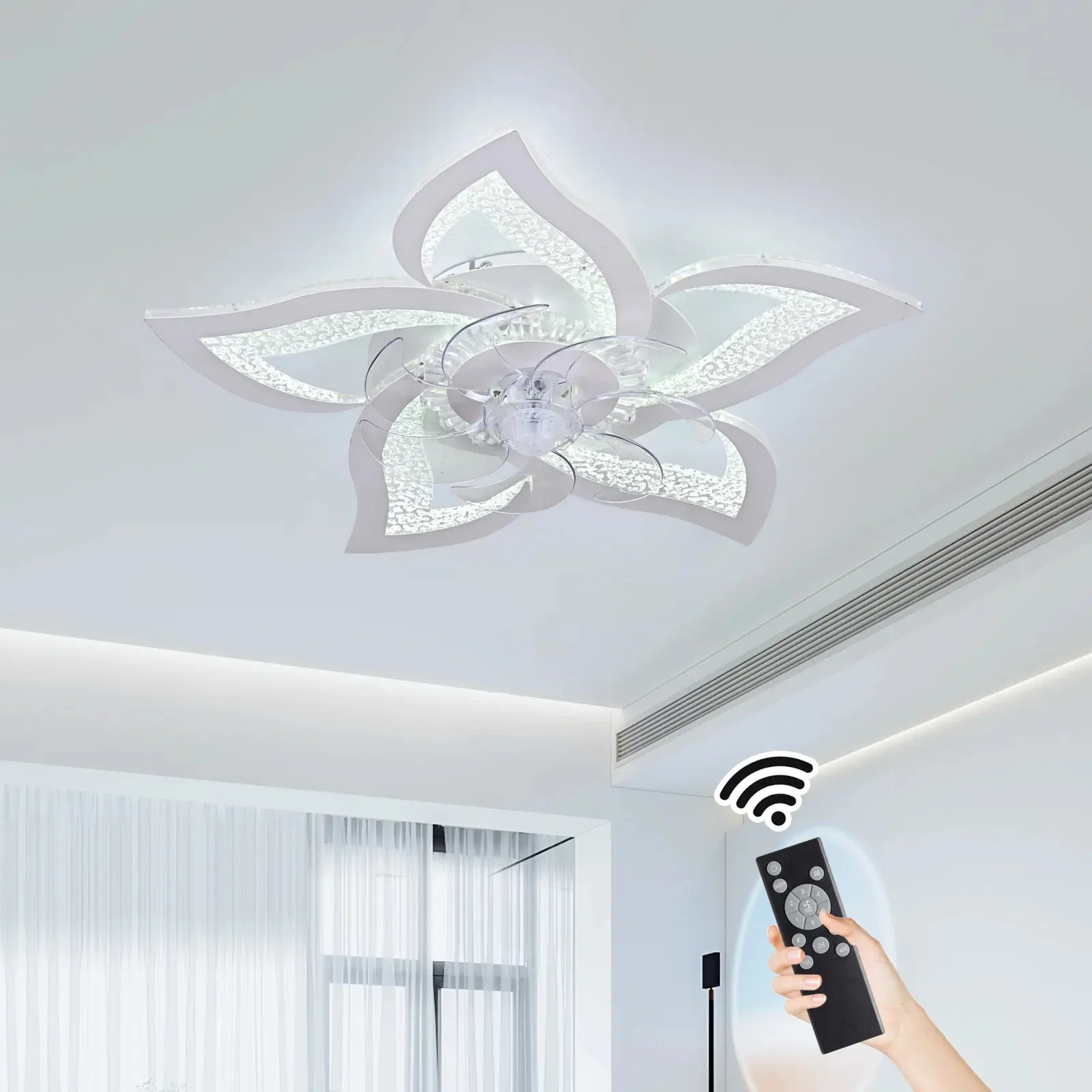 Garwarm Modern Low Profile Ceiling Fan with Lights Dimmable LED Ceiling Fans with Remote Control Flower Shape Flush Mount Ceiling Lamp with Dimming for Kitchen Bedroom Living Room Dining Room, 6 Speeds