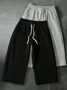 2 Pack Unisex Wide Leg Cropped Sweatpants, Elastic Waist With Drawstring, Casual Loose Fit Lounge Pants With Pockets For Men Women Daily Wear Athletic