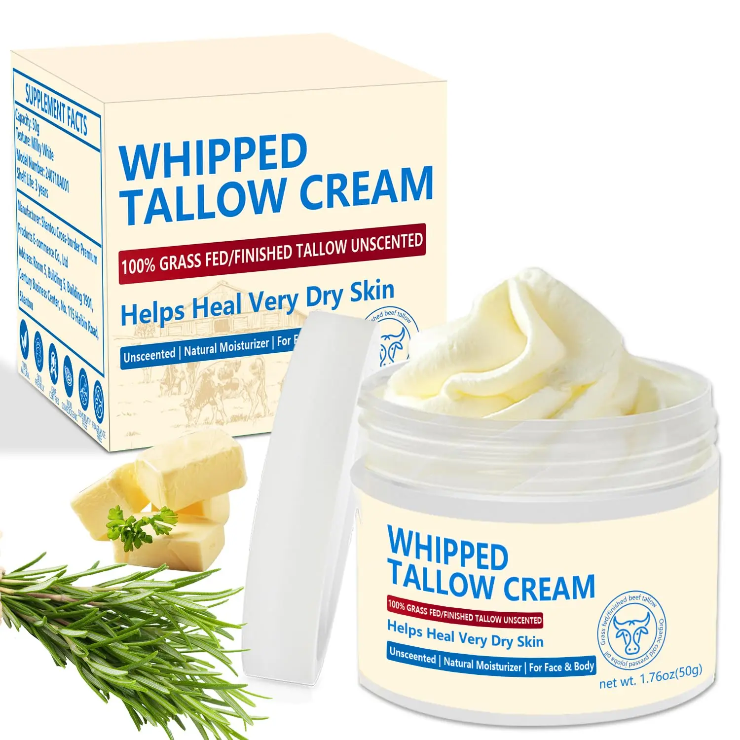 Whipped Beef Tallow for Skin -  Grass Fed Pure Beef Tallow , Natural Moisturizing Cream for Face and Body, Deeply Nourishes Dry Skin Helps Lock in Moisture1.76 Oz