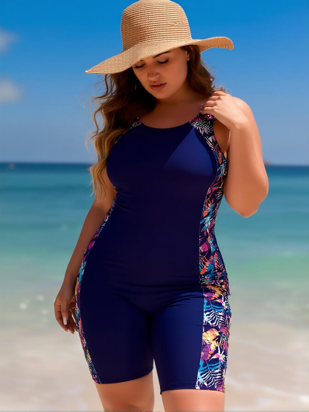 Plus Size Sporty Surf Printed Color Block One-Piece Swimsuit – Tummy Control Slimming Boyleg Bathing Suit