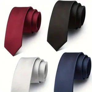 Men's 4-Piece Textured Satin Necktie Set - 2.35 in Slim Solid/Retro Striped Male Ties, Versatile Daily Accessories for Business Weddings, Includes Textured Bow (Silk/Satin Material)