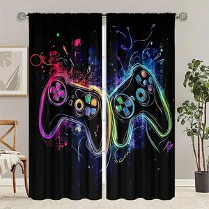 2 pieces of high-definition digital neon line-drawn game controller printed curtains, made of polyester with semi-transparent texture, machine washable, suitable for living room, bedroom and home decoration.