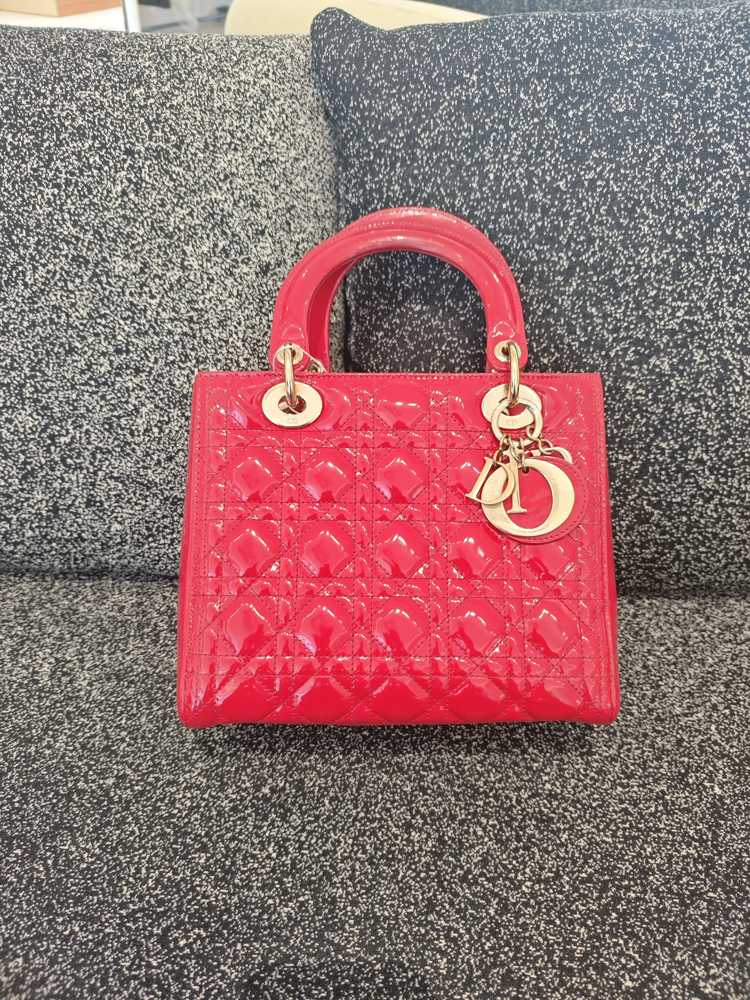 Pre-owned Dior Medium Lady handbag in vibrant bright red patent leather