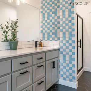 A set of 12 pieces (20*20cm*12pcs) 2D flat light-colored blue and white checkered retro symmetrical floral brick wall stickers for kitchen and bathroom, wall sticker decorative wallpaper wall sticker tile sticker Peel And Stick Wallpaper Designs ACZ20066