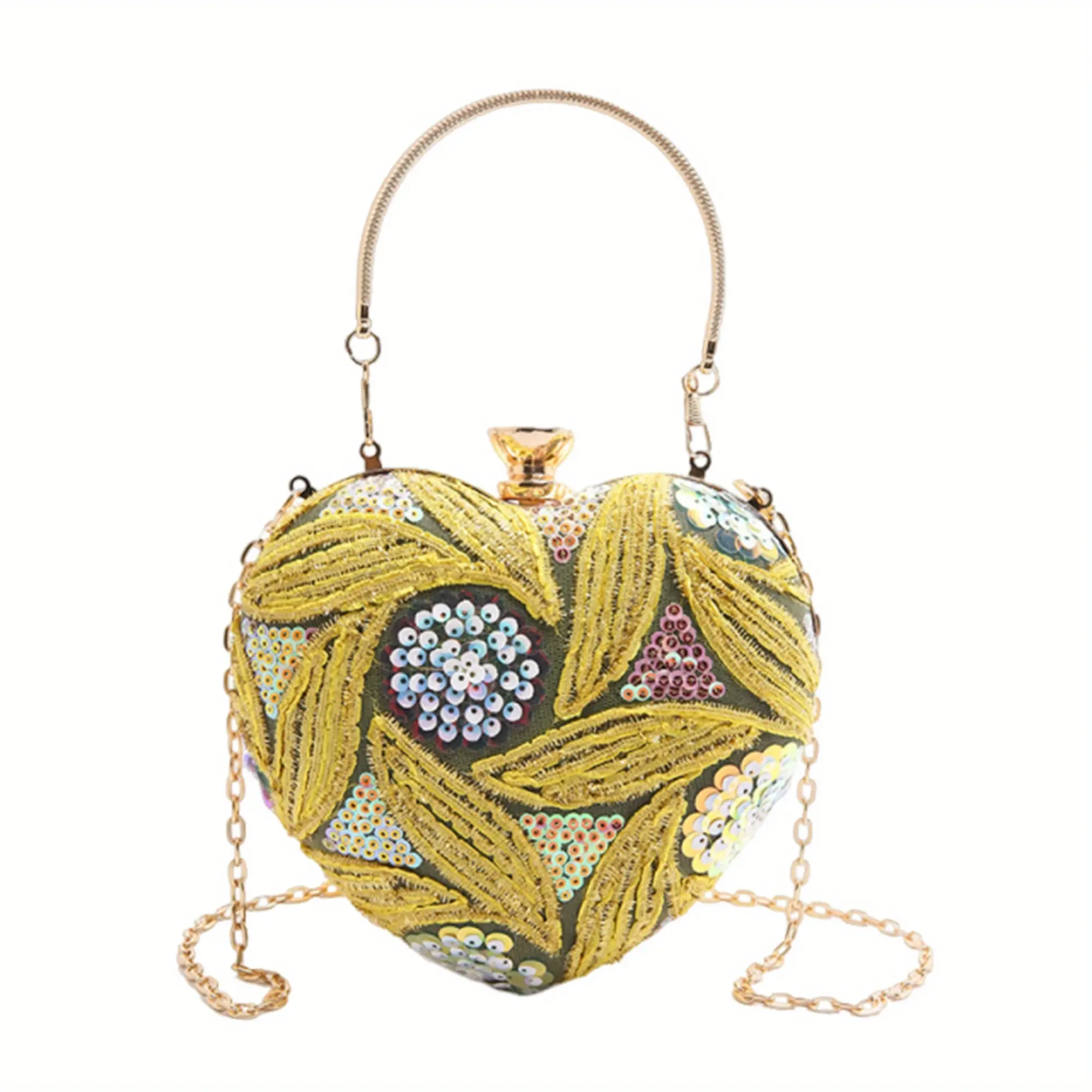 Women's Vintage Sequin Heart Evening Clutch Purse with Floral Geometric Pattern & Chain Strap - Clasp Closure Formal Handbag for Weddings, Cocktail Parties (Light Brown/Blue/Golden/Yellow), Formal Event Clutch, Floral Clutch Bag, Chain Strap Purse