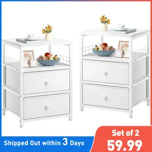 [Clearance] Raybee Extra Wide Nightstand Set of 2 with 2 Fabric Drawers, Bedside Table with Open Wood Shelf , Bed Side Table, Night Stand for Bedroom, Living Room, Dorm, Easy Assembly, Bedroom Furniture Sturdy Dual-Drawer Nightstand Set