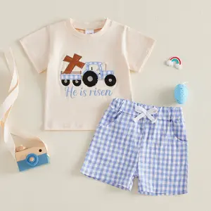 Kupretty Kids Toddler Baby Boy Easter Outfits Set Short Sleeve He is Risen Cross Truck Embroidery T-Shirt Tops Shorts Set 2Pcs Kids Boys Clothes 6M-4Y