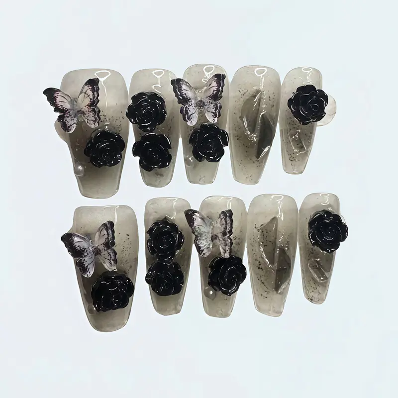 F2 Black Camellia Style Pure Hand-Made Nail Press Nails - Butterfly Design - Pure Quality - Authentic Hand-Made Nail Art