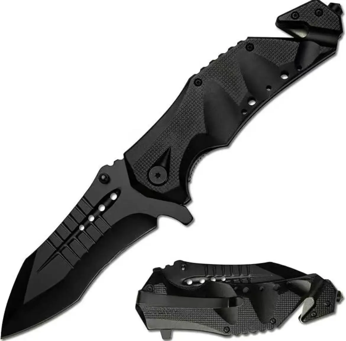 Stainless Steel Pocket-Ready Fold Knife with 3.75in S65S2 Spear-Point Blade, Non-Slip Aluminum Grip, Secure Lock - Tactical Survival Equipment, Compact Black Camping Tool for Adults