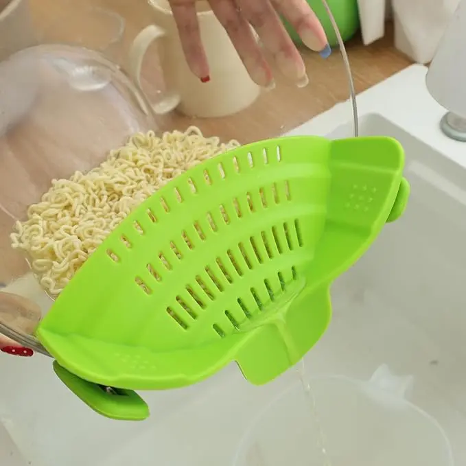 Clip On Strainer for Pots and Pans - Collapsible Silicone Pasta Strainer and Kitchen Gadget for Cooking - Easy to Use, Heat Resistant and Space Saving Colander - Green