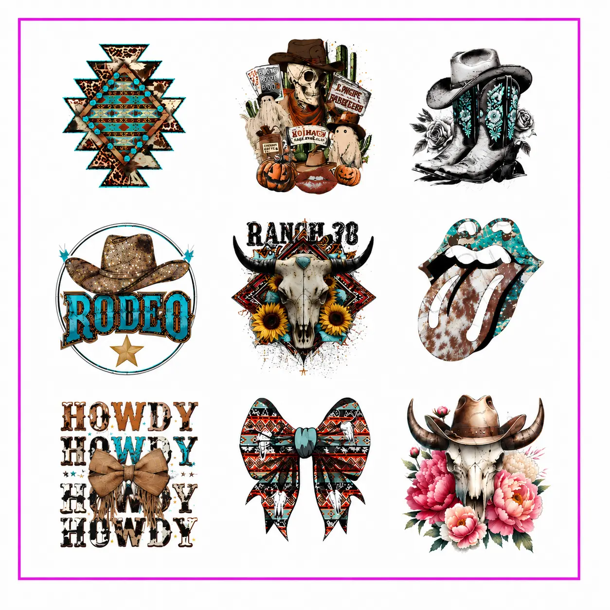 Boho Western halftone DTF Heat Transfer Gang Sheet | Rodeo Boots, Cow Skull, Howdy, Aztec Bow, Country Western Sublimation Ready Iron-On Transfer for T-Shirts, Hoodies, Tote Bags & DIY Apparel