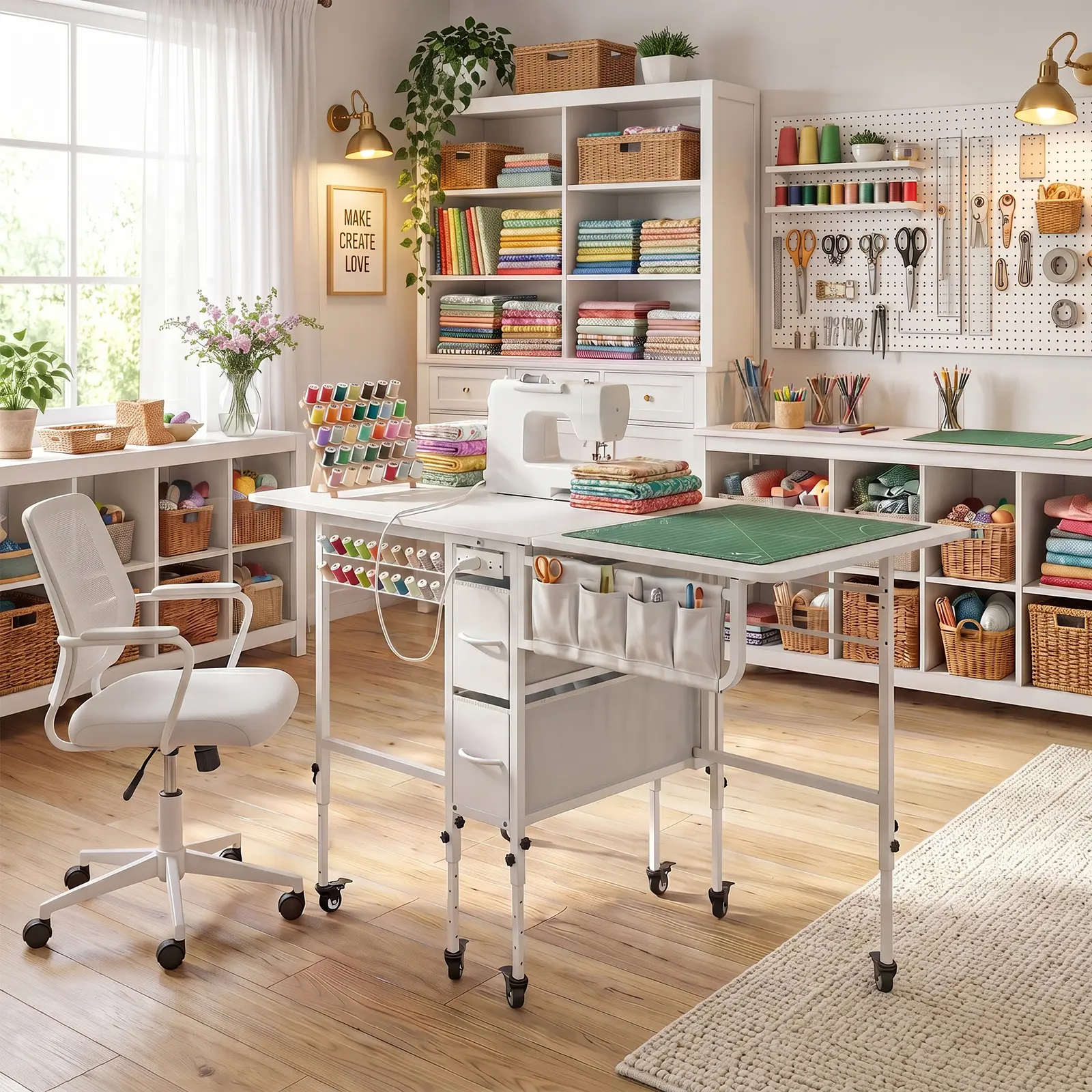 Foldable Sewing Craft Desk with Power Outlet & Storage Drawers, Adjustable Height Rolling Workstation for Sewing, Crafting, & DIY Projects, White