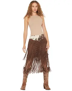 Shyanne Women's Raven Cow Print Faux Suede Fringe Mini Skirt - Swho25s1-Bn