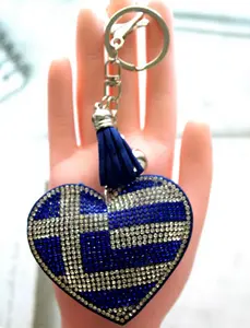 Greece Flag Heart Keychain – Blue and White Rhinestone Bag Charm with Tassel | Greek Souvenir Gift, Travel Keepsake, Purse Accessory