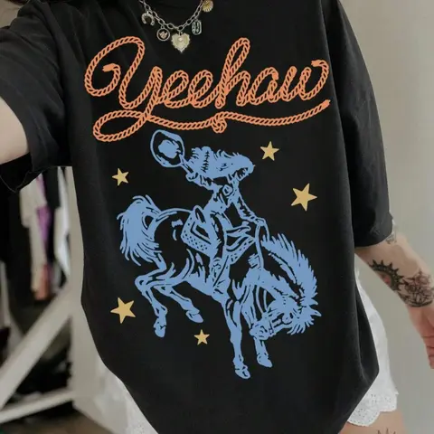 Women's Letter & Cowboy Print Drop Shoulder Tee, Casual Half Sleeve Round Neck Crewneck Fitted T-shirt for Daily Wear, Ladies Clothes for All Seasons, Streetwear