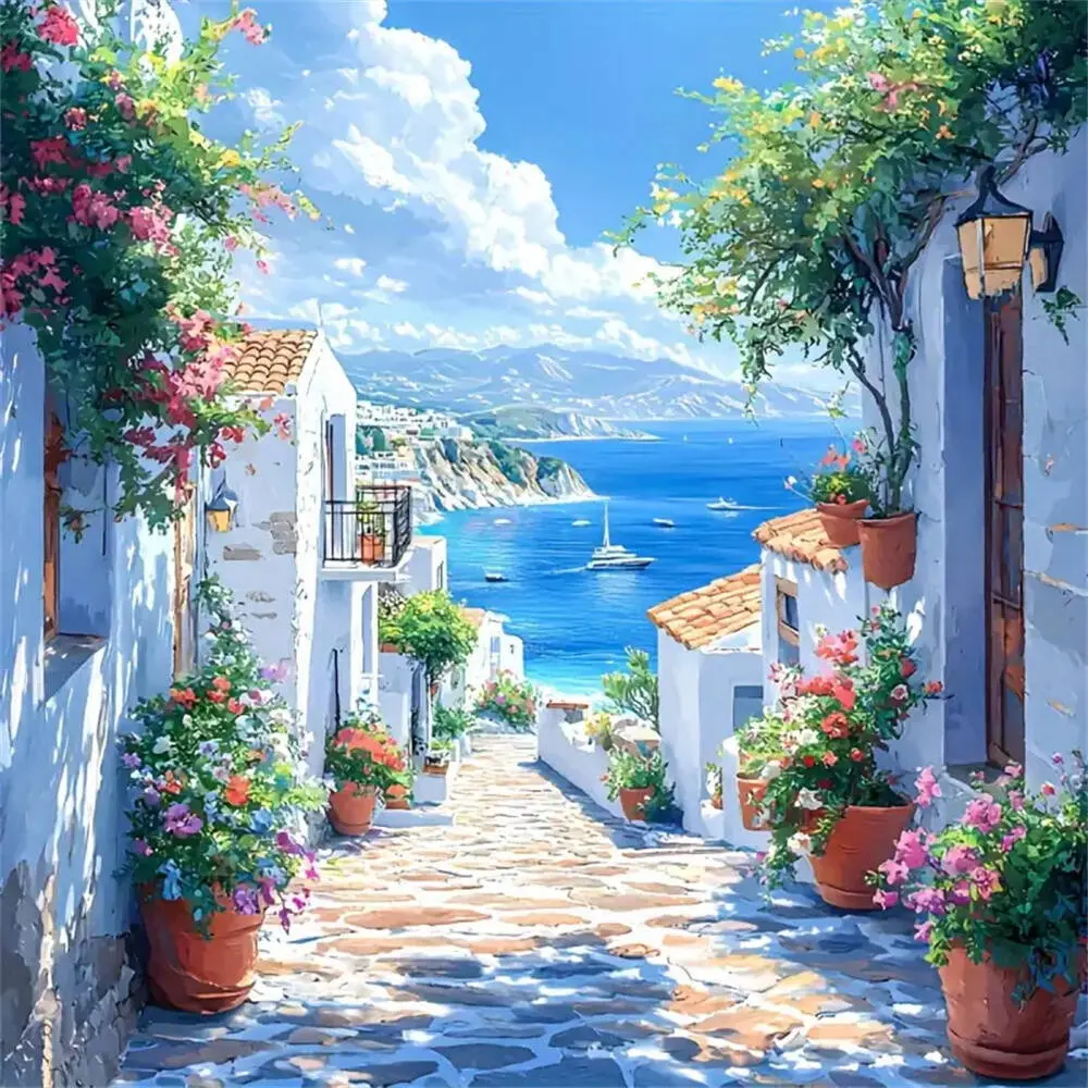 Seaside Diamond Painting Town Landscape Needle Crafts Kit DIY Picture Rhinestones Diamond Embroidery House Mosaic Street Child Hobby