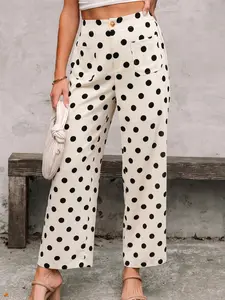 Polka Dot Print Patched Pocket Mid-rise Straight Leg Pants,  Perfect for Those Who Love Cute, Breezy Fashion With a Bold Flair.
