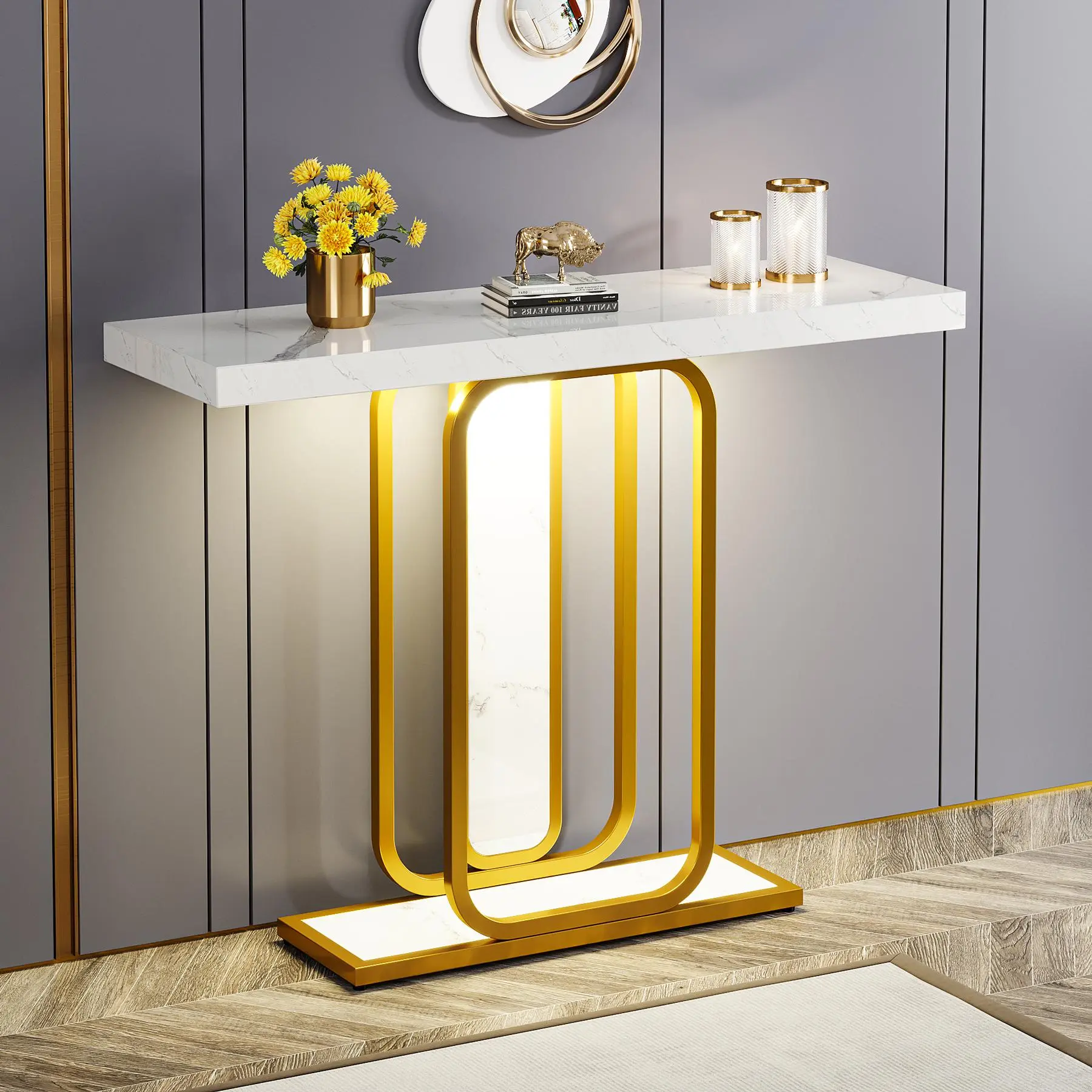 TRIBEWOOD Modern Gold-White Freestanding Metal Rectangle Console Table - 41.3in Long, 13.77in Deep Faux Marble Veneer, 6 LED Lights, Space Saving Furniture, Easy Setup Indoor Accent for Entryway, Living Room