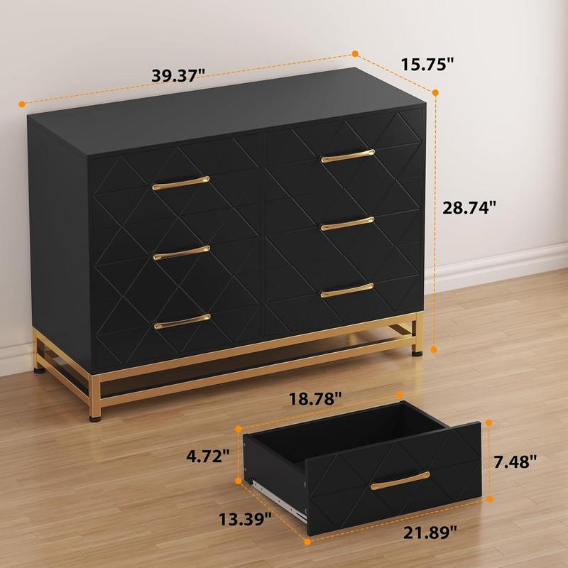 Black Dresser for Bedroom with 6 Drawers, Wood Chest of Drawers, TV Stand, Morden Dresser for Closet, Living Room, Hallway, Nursery
