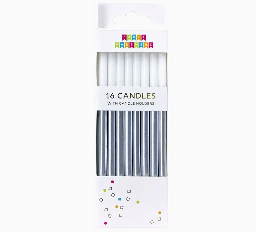 Silver Metallic Birthday Candles (16 Count) | Birthday Cake Candles with Holders