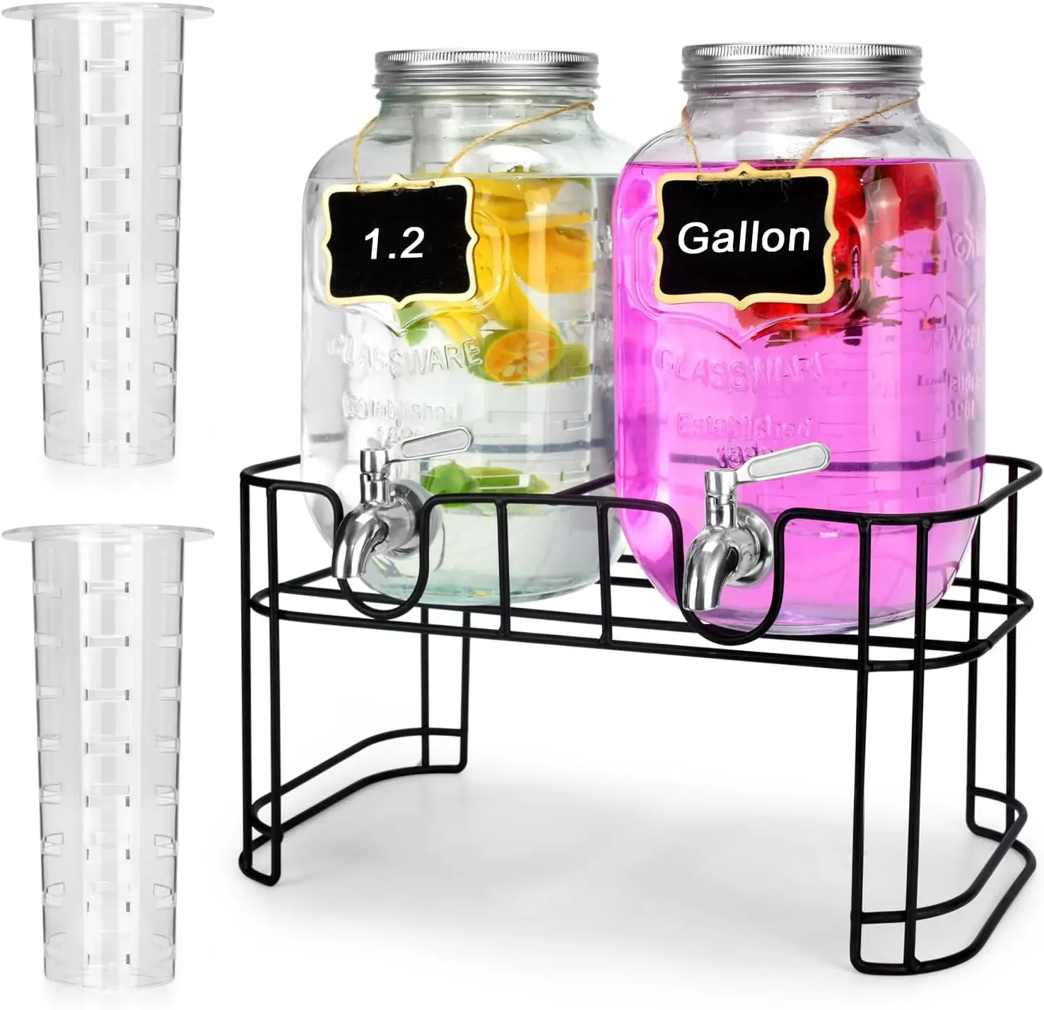 Glass Drink Dispensers For Parties. 1.2 Gallon Beverage Dispenser With Stand And Stainless Steel Spigot .Lemonade Dispenser With Ice Cylinder.Mason Jars,Laundry Detergent Dispenser.