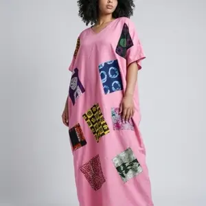Trends By Scorp Women's Pink Patchwork V-Neck Maxi Dress, Colorful Patterns, Casual Wear for Summer Casual Elegance
